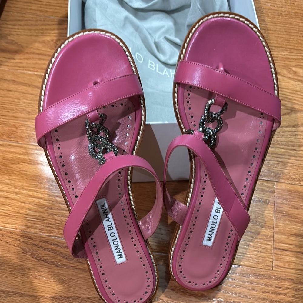 Manolo Blahnik Sanzoracry Embellished Leather Flat Sandals Dark Pink